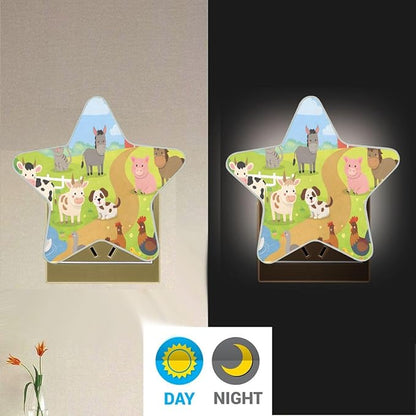 Farm Animals Plug in LED Night Light Lamp with Dusk to Dawn Sensor for Hallway, Kitchen, Bathroom, Bedroom - Star Shaped Decor