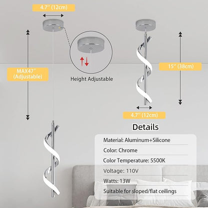 CANEOE 3 Packs Modern Spiral Led Pendant Light Fixture, Cold White 5500K Kitchen Island Pendant Lamp, Adjustable Hanging Light Fixture for Bedroom Living Room Kitchen Sink (Chrome)