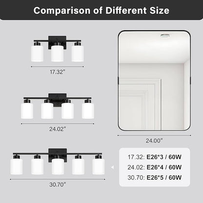 FonmYim Black Bathroom Light Fixtures, 5-Light Modern Vanity Light Over Mirror, Wall Sconces with Milky White Frosted Glass Shades, E26 Socket (Bulbs Not Included)