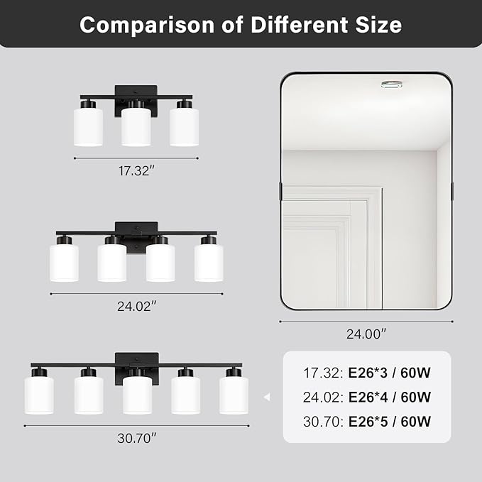 FonmYim Black Bathroom Light Fixtures, 4-Light Modern Vanity Light Over Mirror, Wall Sconces with Milky White Frosted Glass Shades, E26 Socket (Bulbs Not Included)