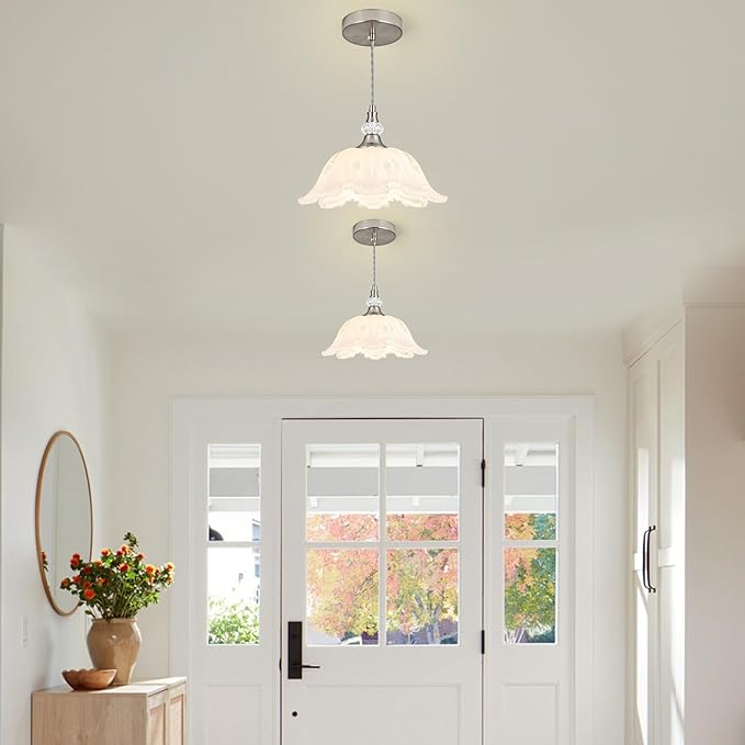 1 Piece Brushed Nickel Chandelier Light Fixtures with White Glass Shade, Brushed Nickel Finish Pendant Light,Hanging Light for Dining Room,Hallways,Living Room,Bedroom