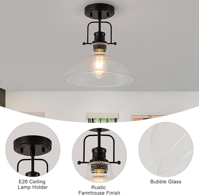 WILON Rustic Seeded Ceiling Light Farmhouse Rust Semi Flush Mount Ceiling Lights, Kitchen Lighting Fixtures Ceiling Lamp for Sink Foyer Entryway Bathroom Laundry Room Hallway