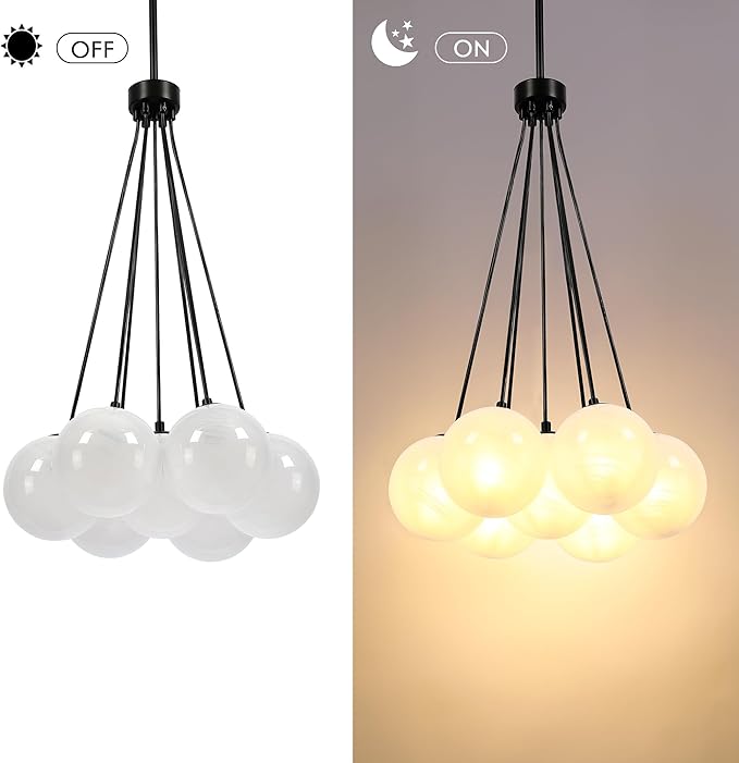 Modern Globe Black Chandelier Milky Glass Shade Sputnik Ceiling Light Fixture, Mid Century Bubble Dining Room Pendant Light, Hanging Island Light for Kitchen Bedroom Entryway Over Table