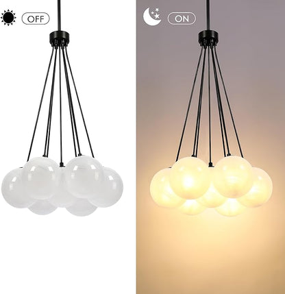 Modern Globe Black Chandelier Milky Glass Shade Sputnik Ceiling Light Fixture, Mid Century Bubble Dining Room Pendant Light, Hanging Island Light for Kitchen Bedroom Entryway Over Table