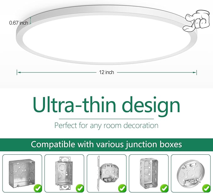 Brightever 12 Inch LED Ceiling Light Flush Mount, 24W 3200LM 0.67 Inch Thickness Close to Ceiling Light Fixtures, 2700K/3000K/4000K/5000K/6500K Color Selectable Light Fixtures Ceiling Mount, 6 Packs