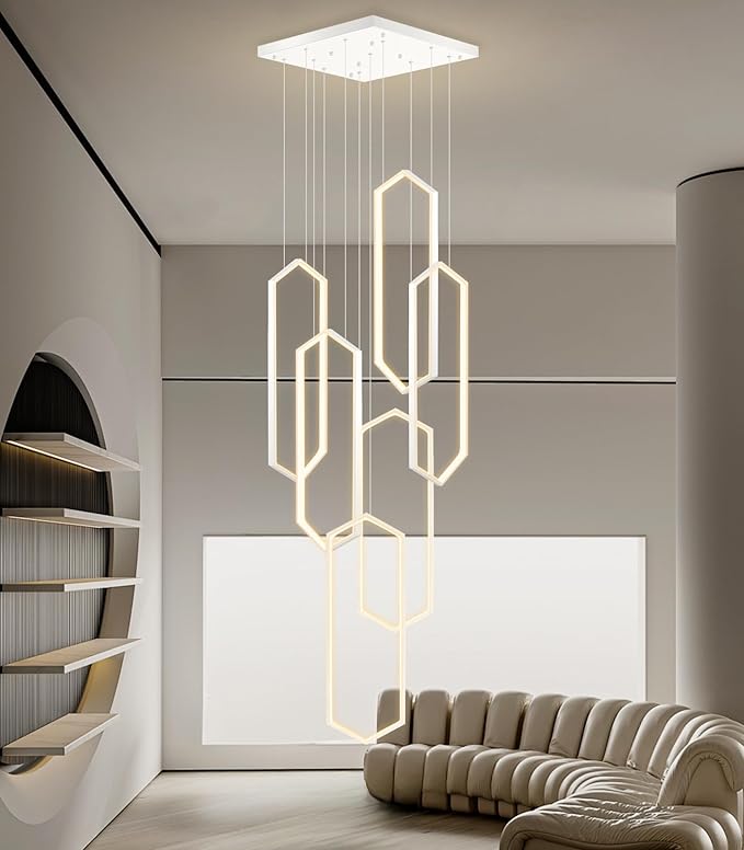 Modern Chandelier LED Dimmable Light for Staircase Living Room Entrance High Ceiling Chandeliers with Remote Control for Villa Foyer White
