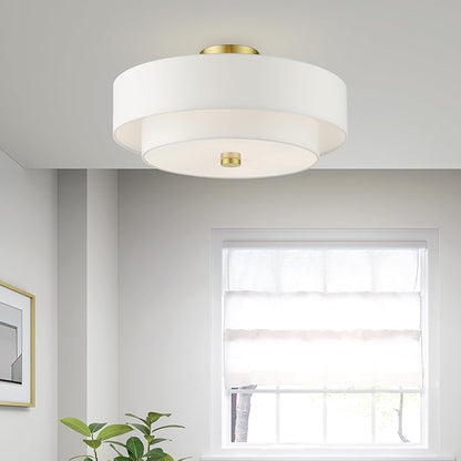 Livex Lighting 51045-12 Meridian Collection 4-Light Semi Flush Mount Ceiling Light with Off-White Hardback Fabric Shade, Satin Brass, 18 x 18 x 9