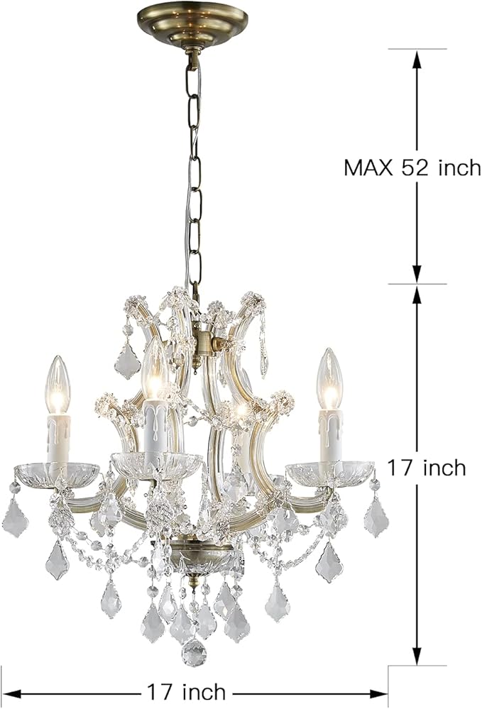 Saint Mossi 4 Light Maria Therese K9 Crystal Chandelier Light Fixture,Antique Brass Finish,Modern Chandelier Small Chandlier for Bedroom,Dining Room,Living Room,H17 x W17,Chain Adjustable