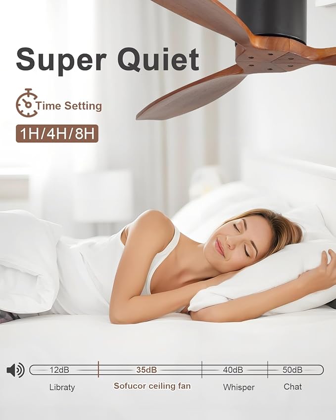 Sofucor 52 Inch Smart Ceiling Fans without Light-Modern Solid Wood Outdoor 3 Blades Ceiling Fan No Light APP Remotel Control for Bedroom Living Room Indoor Farmhouse Patio, DC Motor,Black Walnut