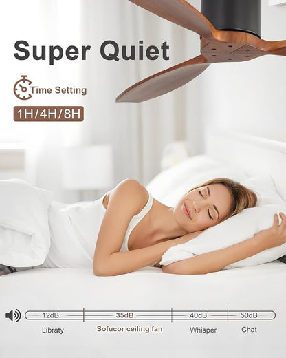 Sofucor 52 Inch Smart Ceiling Fans without Light-Modern Solid Wood Outdoor 3 Blades Ceiling Fan No Light APP Remotel Control for Bedroom Living Room Indoor Farmhouse Patio, DC Motor,Black Walnut