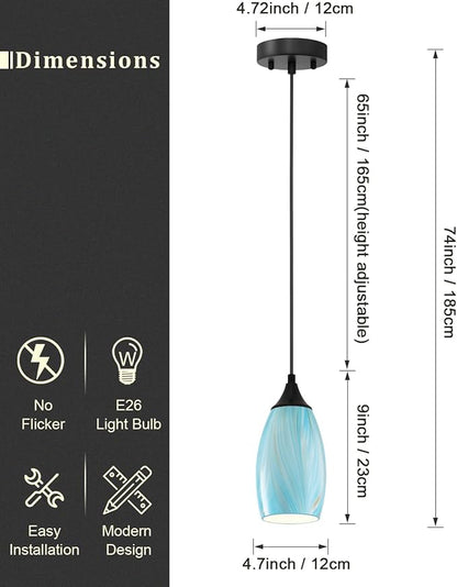 ANYLOVE Vintage Art Blue-Gold Pendant Lighting,1-Pack Hand Glass Hanging Light Fixture,Adjustable Cord for Kitchen,Hallway,Dining Room