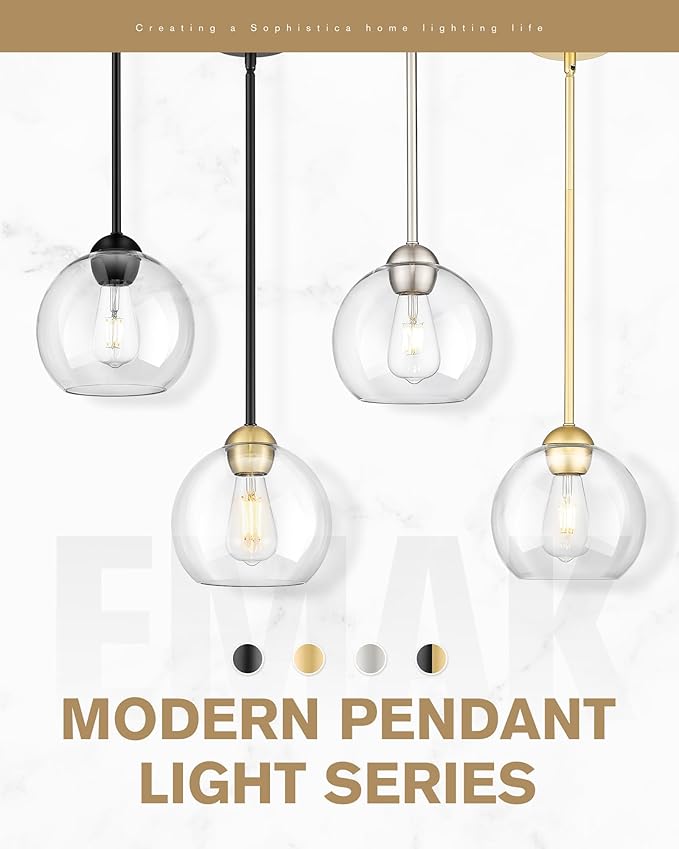 Emak Modern 8 Inch Glass Pendant Lights Kitchen Island, 2 Pack Black and Gold Pendant Light Fixtures, Farmhouse Globe Island Lights for Kitchen, Dining Room, Bathroom, PL121-BKBGD-CG-2PK