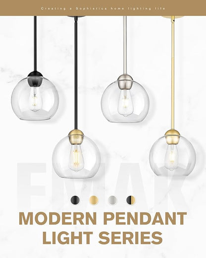 Emak Modern 8 Inch Glass Pendant Lights Kitchen Island, 2 Pack Black and Gold Pendant Light Fixtures, Farmhouse Globe Island Lights for Kitchen, Dining Room, Bathroom, PL121-BKBGD-CG-2PK