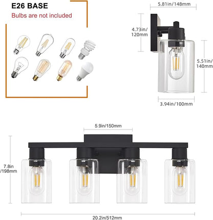 Black Vanity Lights for Bathroom 4 Light Bathroom Vanity Light Classic Bathroom Lighting Fixtures Over Mirror Farmhouse Vanity Lights with Clear Glass Shade