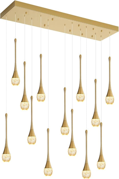 ykolupty 14-Light Modern LED Pendant Lighting Fixture for Kitchen Island Raindrop Crystal Chandelier Gold Chandelier for Dining Room High Ceiling Chandeliers for Staircase Foyer Hallway Villa