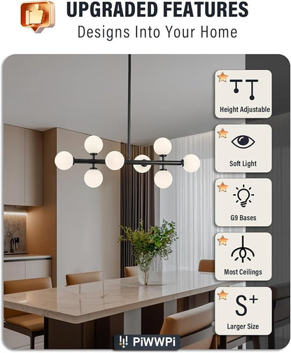 Modern Linear Chandeliers for Dining Room, 8-Light Globe Sputnik Pendant Ceiling Light, Black Dining Room Light Fixture Over Table, Mid Century Glass Milk White Bubble, 31.5 Inch, GC-09