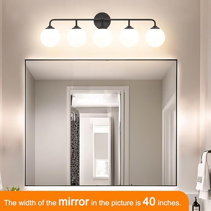 Modern Matte Black 5-Lights Bathroom Vanity Light, Lighting Fixtures Over Mirror with Milky White Glass Ball Shades, Wall Sconces for Bathroom Dressing Table Bedroom