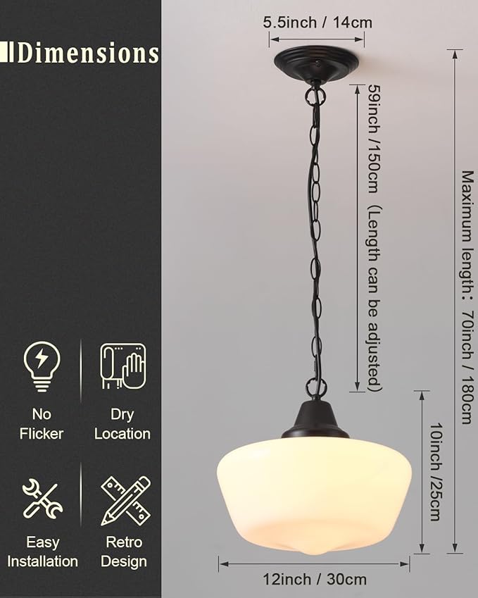 Schoolhouse Pendant Fixture, 12 Inch Black Finish with Milk Glass Adjustable Mid Century Ceiling Pendant Lighting, Pendant Light Fixtures for Kitchen Hallway Entrywa Dining Room