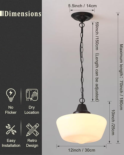 Schoolhouse Pendant Fixture, 12 Inch Black Finish with Milk Glass Adjustable Mid Century Ceiling Pendant Lighting, Pendant Light Fixtures for Kitchen Hallway Entrywa Dining Room