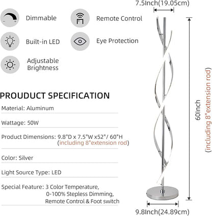 ADISUN 40W LED Modern Floor Lamp Remote Control Dimmable Spiral Floor Lamp Indoor Tall Lamp Floor Lamps for Living Rooms Family Rooms Bedrooms Offices Lighting (Silver)