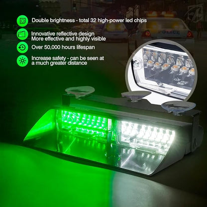 Xprite 2×11 inch High Intensity White Green 32 LED Emergency Strobe Dash Lights, Interior Windshield Flashing Light w/Suction Cups for Postal Law Enforcement Volunteer POV Vehicles Trucks