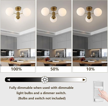 3 Lights Semi Flush Mount Ceiling Light Mid Century Modern Brass Ceiling Light Milk Glass Sputnik Small Chandelier for Bedroom Dinning Room Foyer Hallway