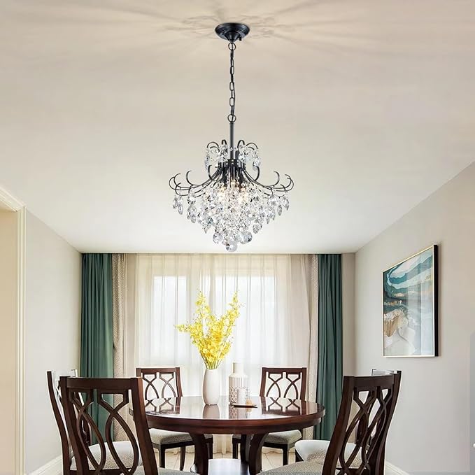 Black Crystal Chandeliers, 4-Light Modern Dining Room Light Fixture, Living Room Bedroom Pendant Ceiling Lamp, Industry Adjustable Hanging Light, H 17.7'' x W 18.1''