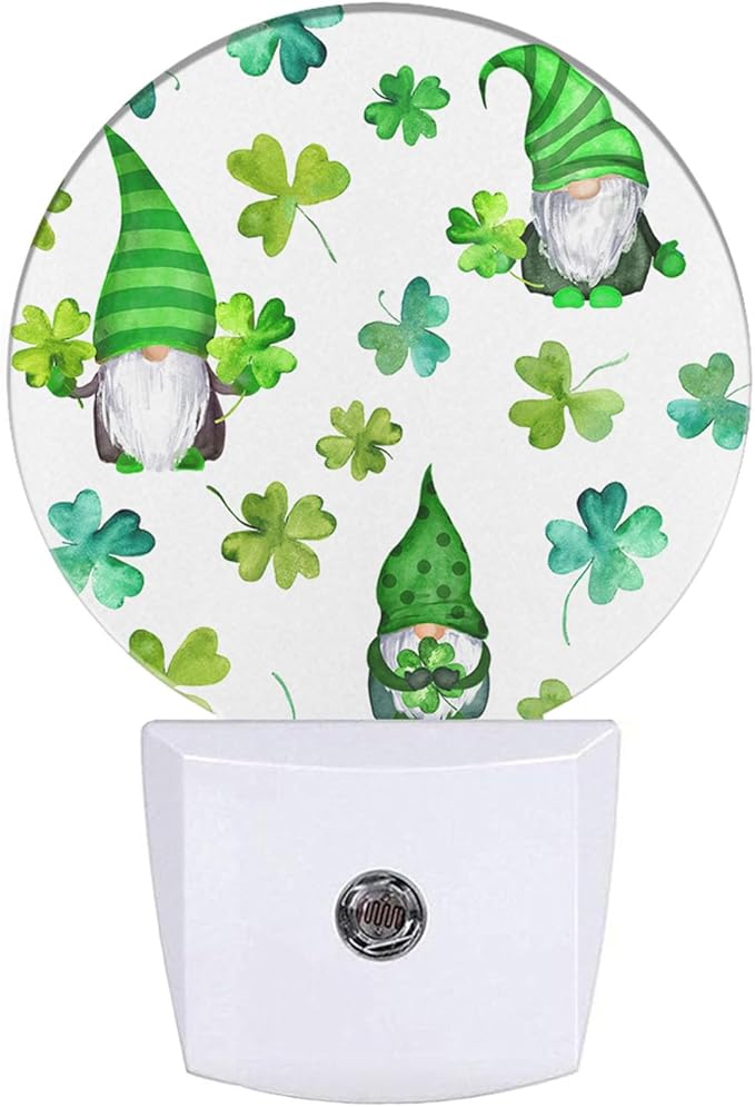 EKOBLA St. Patrick's Day Gnome Plug-in Night Light, Green Shamrock Clover LED Nightlight with Auto Sensor for All Ages