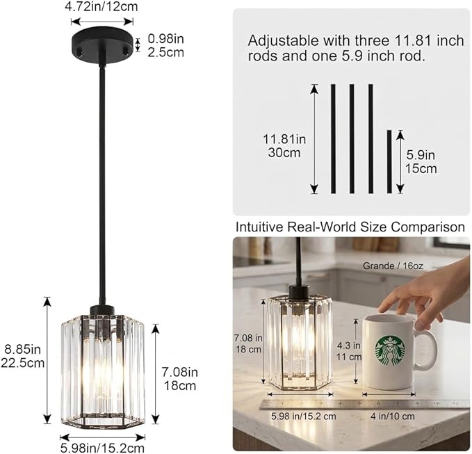 Crystal Pendant Lights Kitchen Island, 2 Pack Modern Black Kitchen Pendant Light Fixtures, Small Hexagonal Crystal Hanging Lights for Kitchen Island, Dining Room, Hallway, Foyer, Entryways