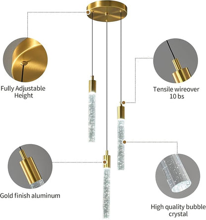 Modern Light Fixture Kitchen Island Pendant Light Dimmable LED Gold Pendant Lights Mini Crystal Pendant Lighting for Bedroom Dining Room Living Room（3-Light ）
