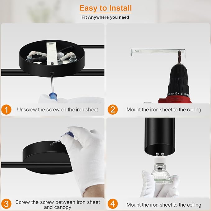Plug in Track Lighting, LED Track Lighting Fixtures Ceiling, Black 6-Light Kitchen Light Kit, Plug in Wall Light with 14.8ft Power Cord, Rotatable Ceiling Spotlight for Bedroom(GU10 Socket, NO Bulb)