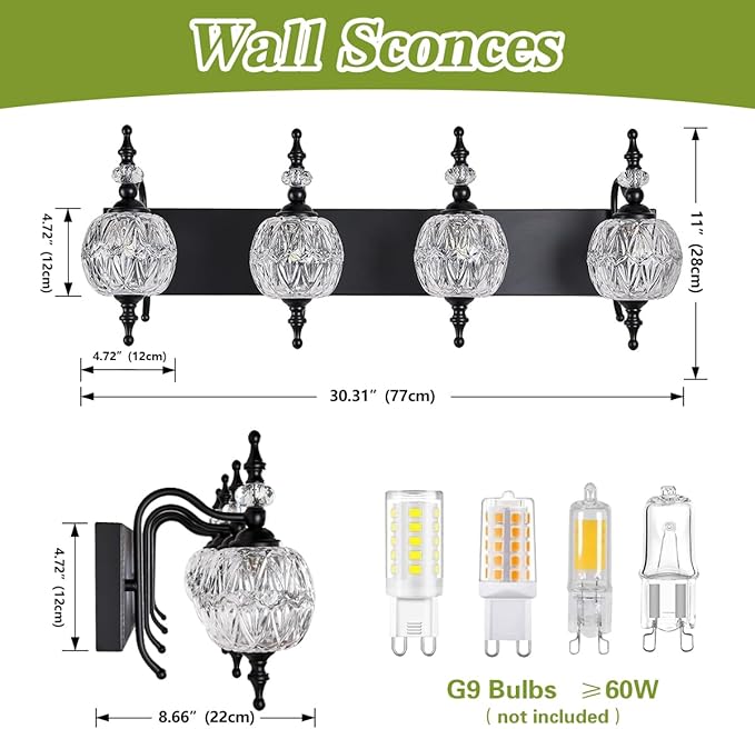 Black 4 Lights Bathroom Vanity Light Fixtures, Modern Bathroom Vanity Lights Painted Black Surface with Thick Crystal Glass Shade, Wall Sconces for Bathroom Bedroom
