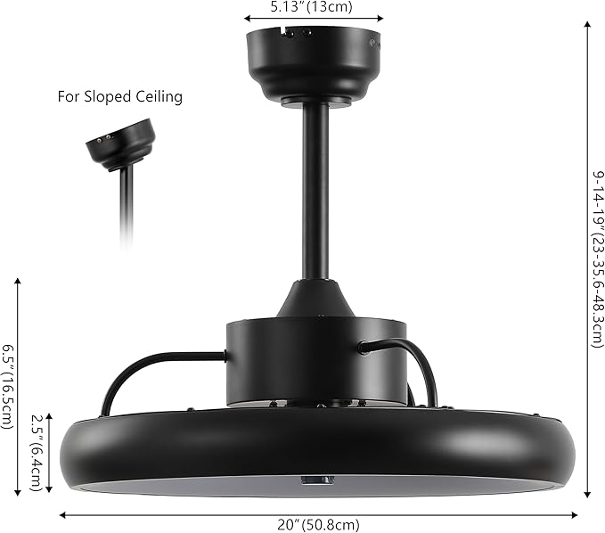 Oval AIR Loren 20" Small Smart Ceiling Fan with Light, Semi Flush Mount, Quiet 6-Speed Reversible Motor, Dimmable LED, Adjustable CCT, App & Remote Control, Modern, Black AIR8002B