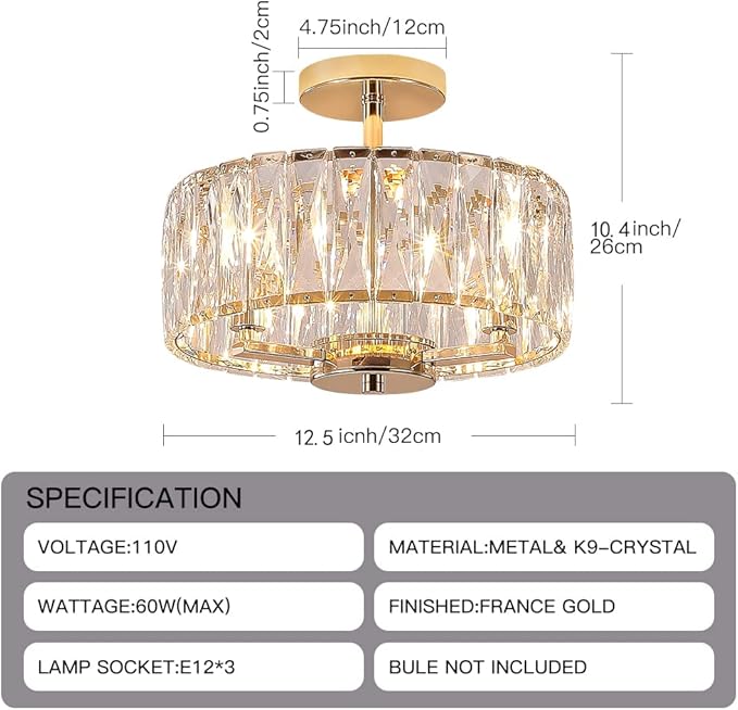 K9 Crystal Gold Chandelier Ceiling Lighting, 3-Lights Modern Mini Crystal Semi Flush Mount Pendant Lamp Fixture with E12 Bulb Base for Living Room Hallway Dining Room Bedroom (H10.4 x D12.5)