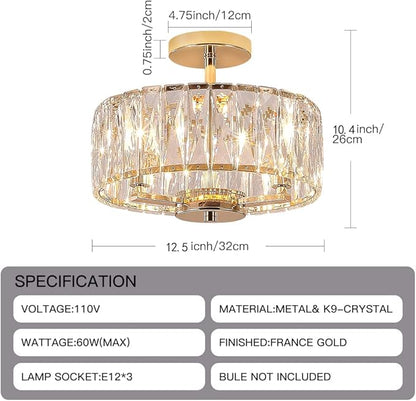 K9 Crystal Gold Chandelier Ceiling Lighting, 3-Lights Modern Mini Crystal Semi Flush Mount Pendant Lamp Fixture with E12 Bulb Base for Living Room Hallway Dining Room Bedroom (H10.4 x D12.5)