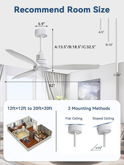 Sofucor Ceiling Fan without Lights, 52 Inch Low Profile Flush Mount Mordern Wood Ceiling Fan with Remote for Indoor Farmhouse Bedroom Living Room Outdoor Patio Porch, Reversible DC Motor, Noiseless
