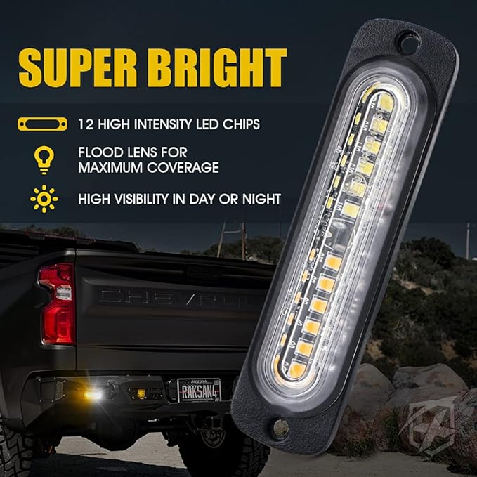 Xprite White Amber 12 LED Emergency Strobe Lights Kit Surface Flush Mount Side Marker Grill Grille Hazard Warning Flashing Light Head for Off-Road Vehicles ATV Trucks Cars - 10PCS