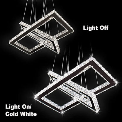 Finktonglan Modern Crystal Chandelier, Rectangular Double Ring LED Pendant Light, 6000K Cool White Non-Dimmable, Height Adjustable Hanging Light Fixture for Dining Room Living Room Bedroom