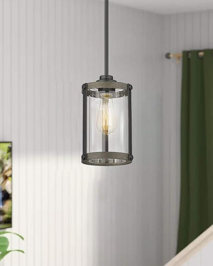 Farmhouse Pendant Light Fixtures, 1-Light Black Glass Pendant Lights for Kitchen Island, Industrial Rustic Mini Hanging Lighting with Rod, Wood Finish, Adjustable Length, OS-3014