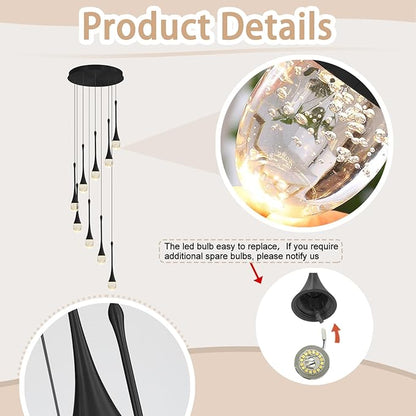 ykolupty 9-Lights Black Pendant Chandliers 100'' High Staircase Ceiling Chandeliers Crystal Bubble Raindrop Lighting Chandelier Ceiling Living Room Dimmable 2700-6000k LED Dining Lighting