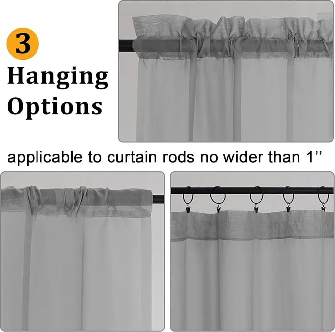 Gwine Charcoal Grey Sheer Curtains 30 Inch Length, Short Light Filtering Voile Small Cafe Kitchen Curtains with Rod Pocket, Short Curtain for Bathroom Window, 42x30 Inch, 2PCS