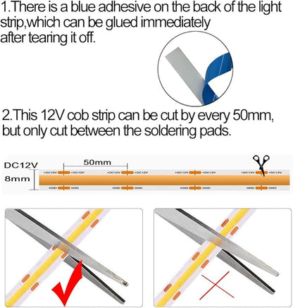 HAMRVL COB LED Strip Lights White 6000K,DC12V 16.4ft/5M 320leds/M CRI90 Flexible LED Tape Lights 8mm,for Indoor Home Cabinet,Bedroom, Kitchen, Stage, Backlight DIY Lighting(Without Power Supply)