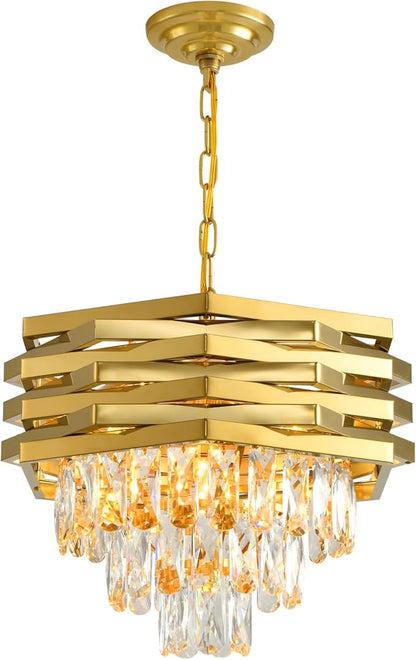 Gold Crystal Chandelier 15.7" Round Modern Crystal Chandeliers for Dining Room K9 3-Tiers Ceiling Pendant Light Fixtures Large Flush Mount Chandelier for Living Room Entryway Foyer Bedroom Kitchen
