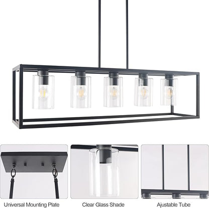 Kalium Chandeliers for Dining Room, 5 Light Dining Room Light Fixture Modern Metal Industrial Kitchen Lighting Fixtures Easy Installation Pendant Lights for Bar Restaurant, Coffee Shop-E26 Base,Black