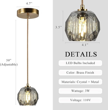 Modern Farmhouse Pendant Lights, Brass Smoke Crystal Hanging Lamp, Small 1 Light Raindrop Chanadelier for Bedroom Dining Room Kitchen Island Entryway Living Room