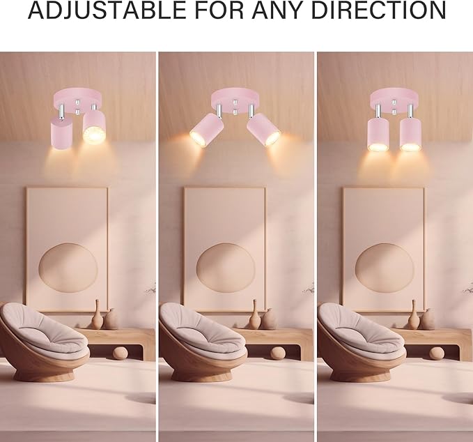 2 Light Track Lighting Fixtures Ceiling, Pink Round Directional Spotlight Fixtures, GU10 Flush Mount Ceiling Fixture, Adjustable Modern LED Track Light for Girl's Room, Bulb Not Included