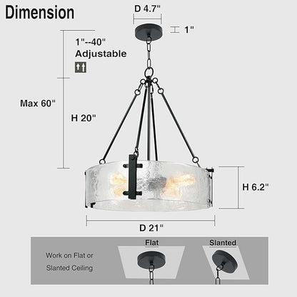 IKK Black Modern Textured Glass Chandelier for Dining Room, 21" Glass Drum Chandelier Light Fixture, Crystal Round Hanging Light for Living Room, Bathroom,Foyer, Kitchen Island, Bedroom