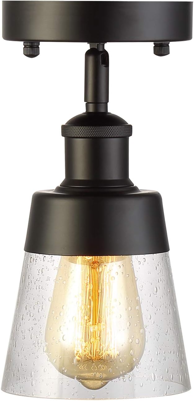 Fivess Lighting Industrial Glass Semi Flush Mount Ceiling Light, Black, 9.45x4.72x4.72 inches, Seeded Shade, for Kitchen, Hallway, Bedroom etc.