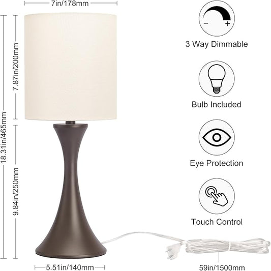 3 Way Touch Control Table Lamp, Modern Bedside Lamp Dimmable Nightstand Lamp with Beige Shade and Dark Brown Base, Small Desk Lamp for Living Room, Dorm, Home Office, 9W LED Bulb Included
