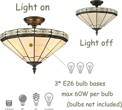 DIRYZON Tiffany Style Flush Mount Ceiling Light - 3-Light Stained Glass Light Fixture Vintage Ceiling Light with Glass Copper Shade for Hallway Living Room Bedroom